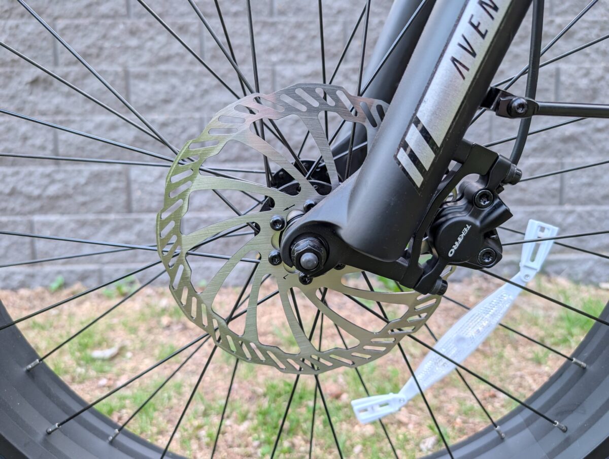 Front 2-piston Tektro Hydraulic Disc Brake and 180mm Rotor on the Aventon Aventure 3