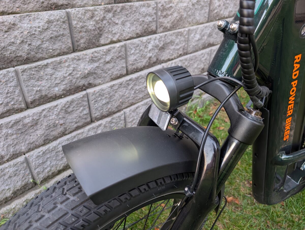 The integrated headlight on the front of the RadRunner Max, with high and low beam functionality.