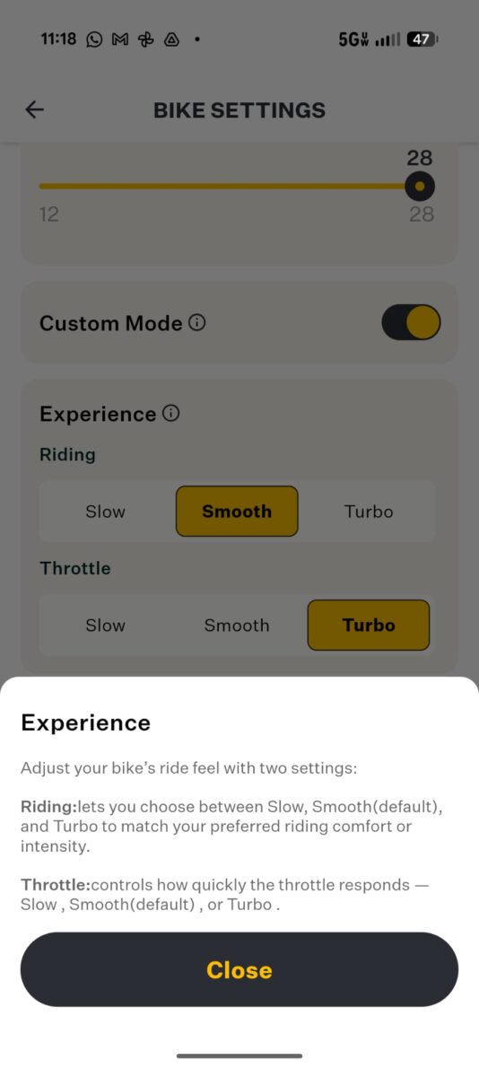 Experience Setting Screenshot from Velotric's App