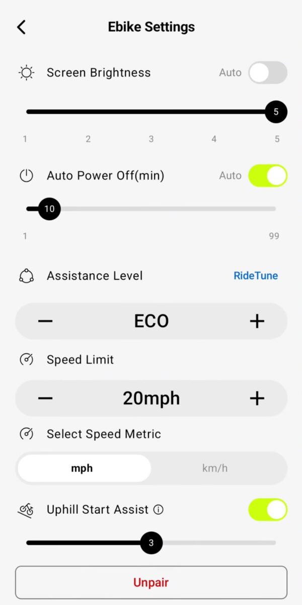App Settings on the Aventon Ramblas ADV