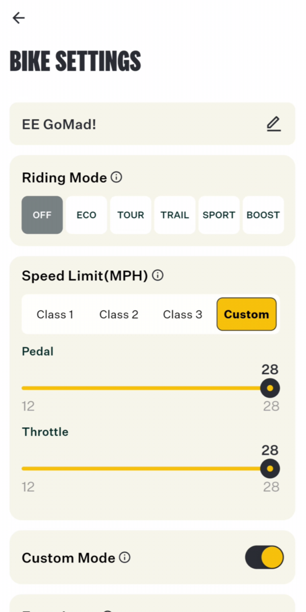 Velotric GoMad App Settings