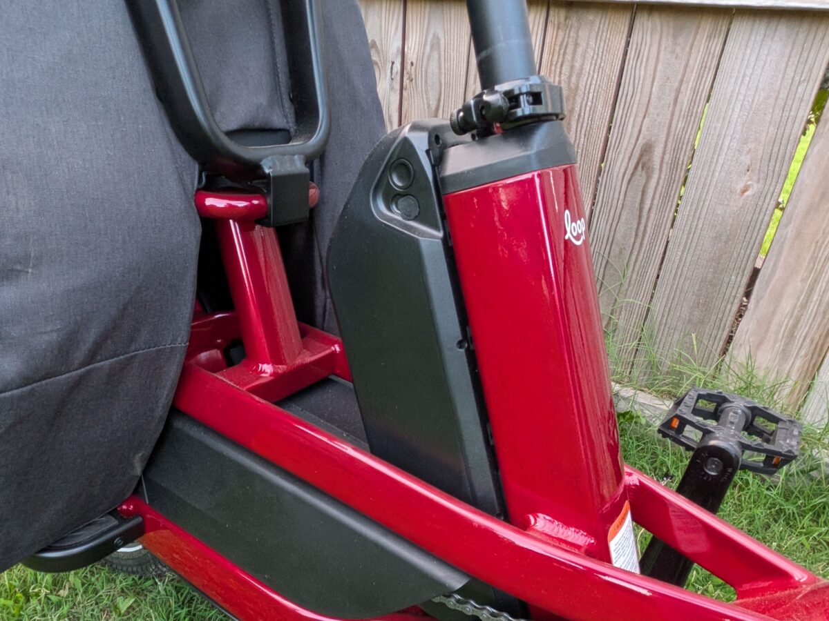 Removable battery mounted behind the seat tube of the Radio Flyer Flyer Loop