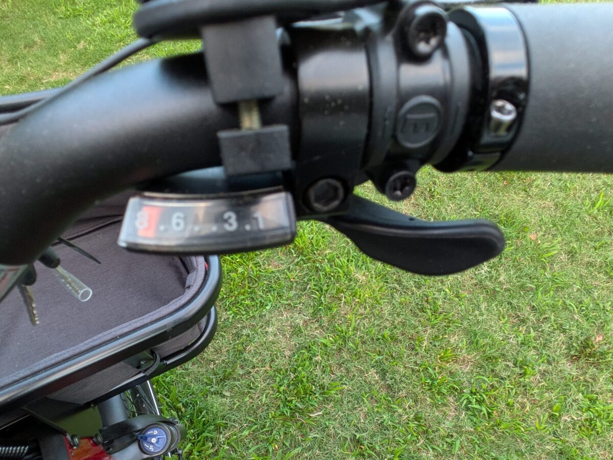 Shimano 8-speed trigger shifter and gear indicator on the Radio Flyer Flyer Loop