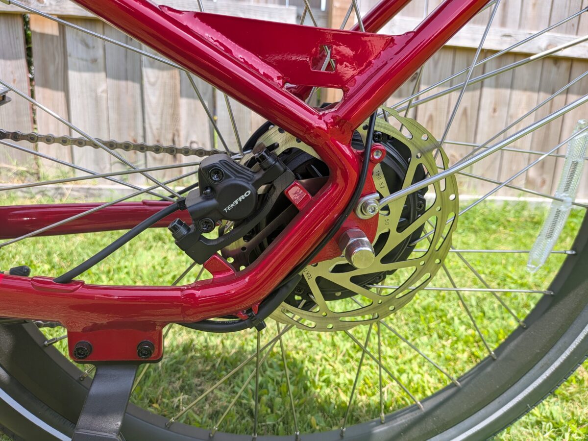Rear Tektro E350 hydraulic disc brake with 180mm rotor on the Euphree City Robin 3