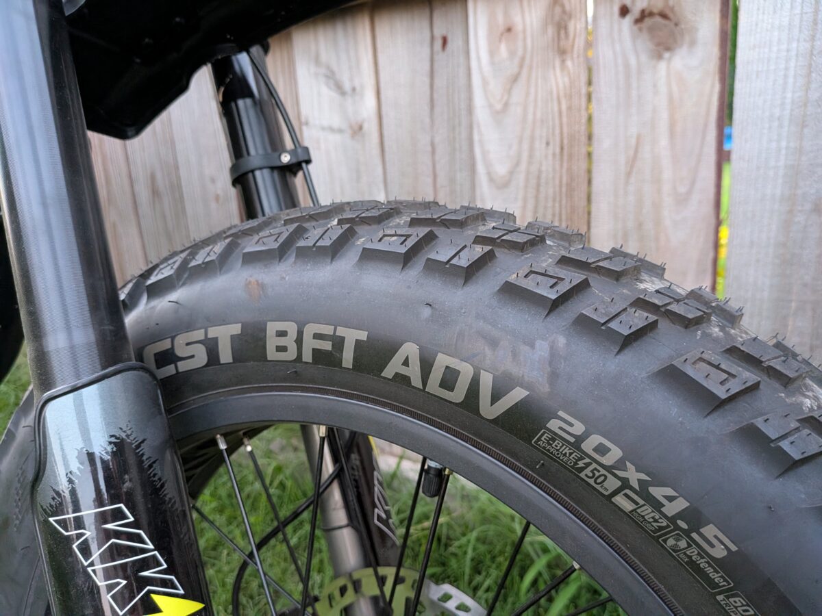 CST BFT ADV 20 x 4.5 inch front tire on the Juiced Scrambler Full Suspension