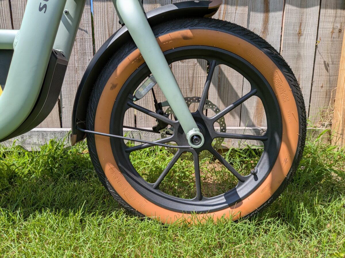 Spoke free mag wheel paired with a 20 by 3.0 inch tire.