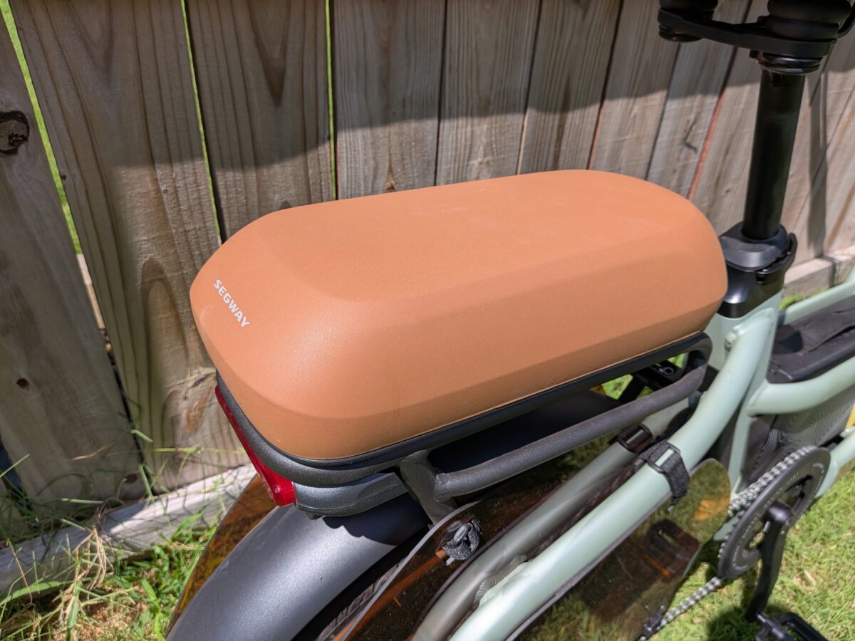 Segway MUXI rear rack fitted with a passenger seat pad.