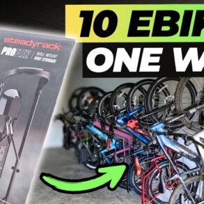 Steadyrack ProFlex racks holding electric bikes on a garage wall