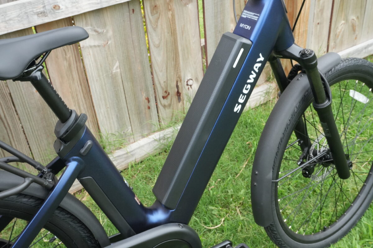 Top-loading battery and step-thru frame of the Segway Myon.