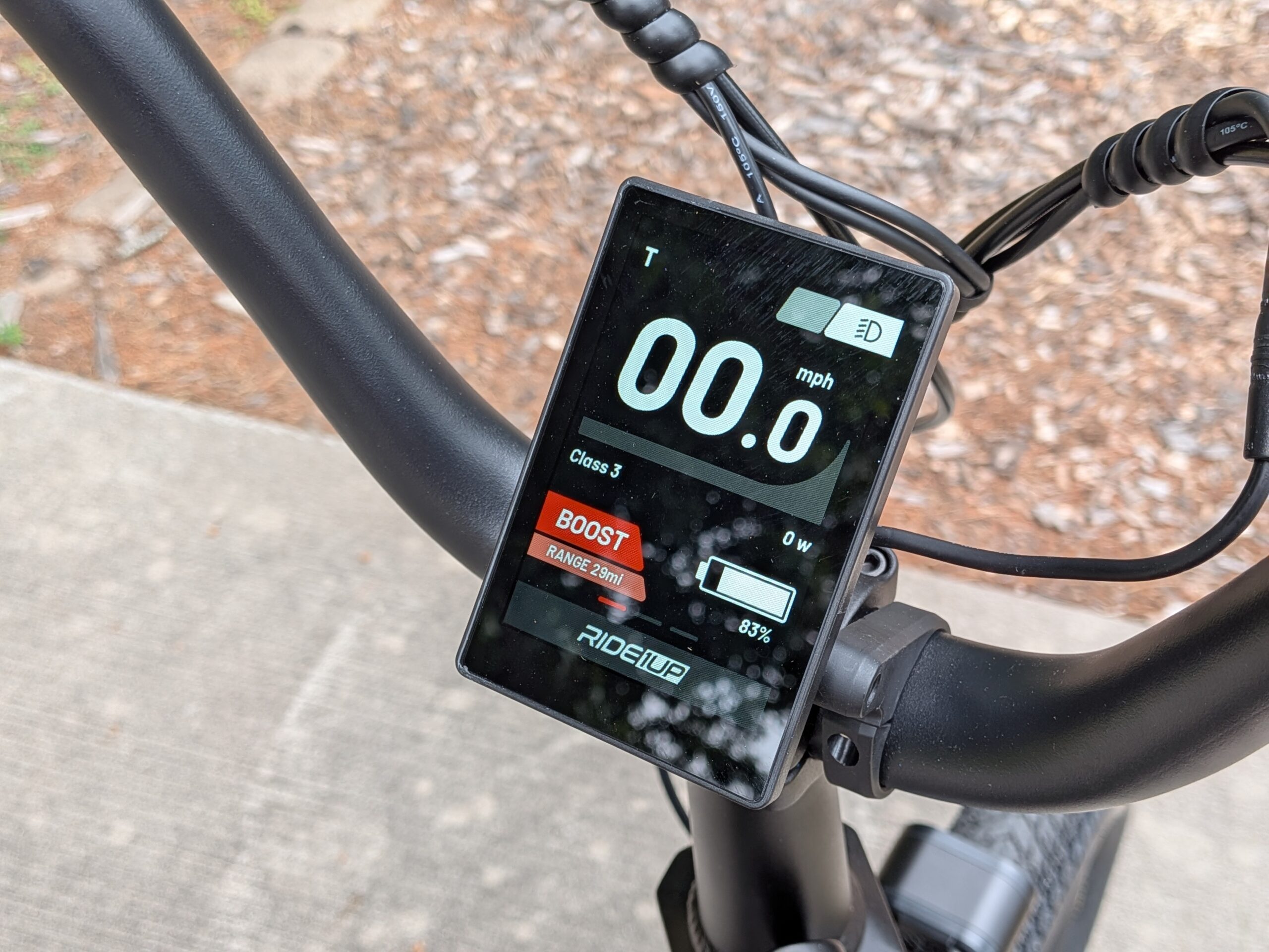 3.5 inch color display on the Ride1Up Portola 02 showing pedal assist levels and estimated range