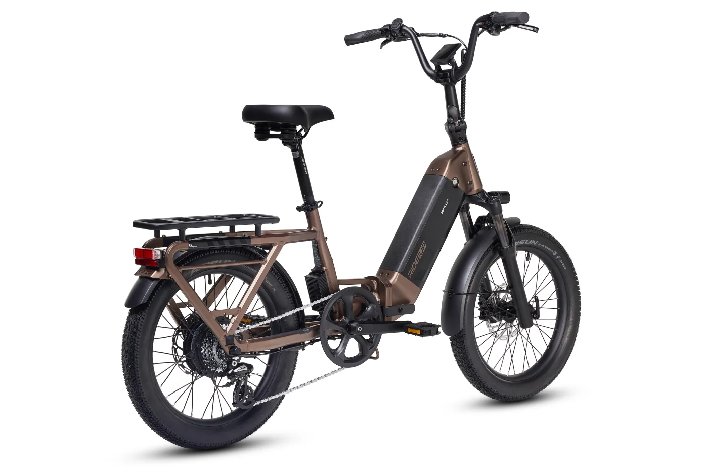 Ride1Up Portola 02 in Copper showing the welded rear rack, alloy fenders, and integrated brake light with turn signals
