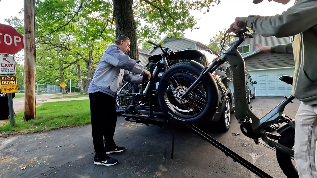Yakima OnRamp LX with two ebikes loaded and the loading ramp attached