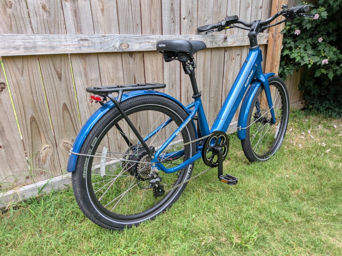 Rear quarter view of the Euphree Solar Sparrow chain drive ebike