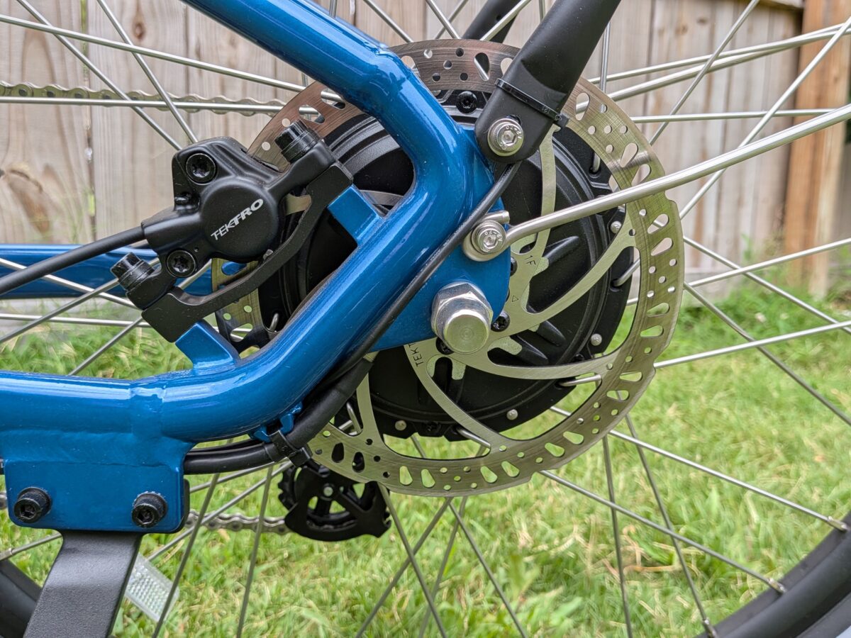 Rear Tektro hydraulic disc brake with a 180mm rotor on the Euphree Solar Sparrow