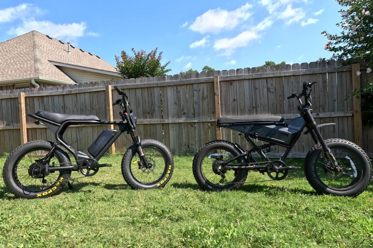 Macfox X2 and Juiced Scrambler Full Suspension parked side by side for comparison