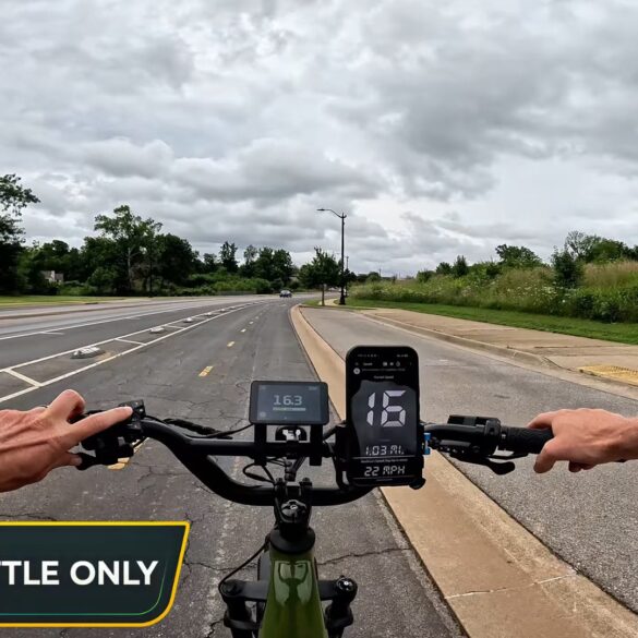 Monarc Marker display reading 16.3 mph next to a GPS speedometer app showing 16 mph on a BiKGrip phone holder