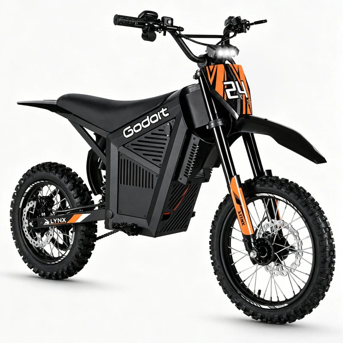 GODOIT youth electric dirt bike in black and orange with knobby tires and inverted fork