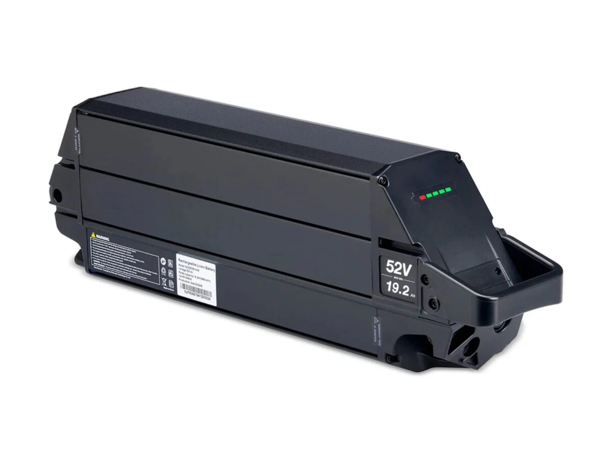 Black 52V 19.2Ah replacement battery compatible with Juiced Bikes, with carry handle and charge indicator