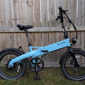 Side profile of the Lectric XP Lite 3 folding ebike in Blue Mist