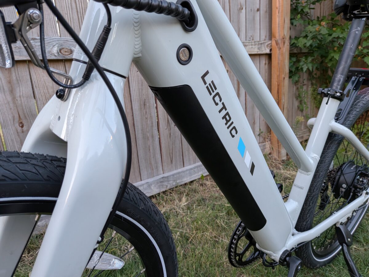 Battery key lock on the Lectric XPress Lite down tube