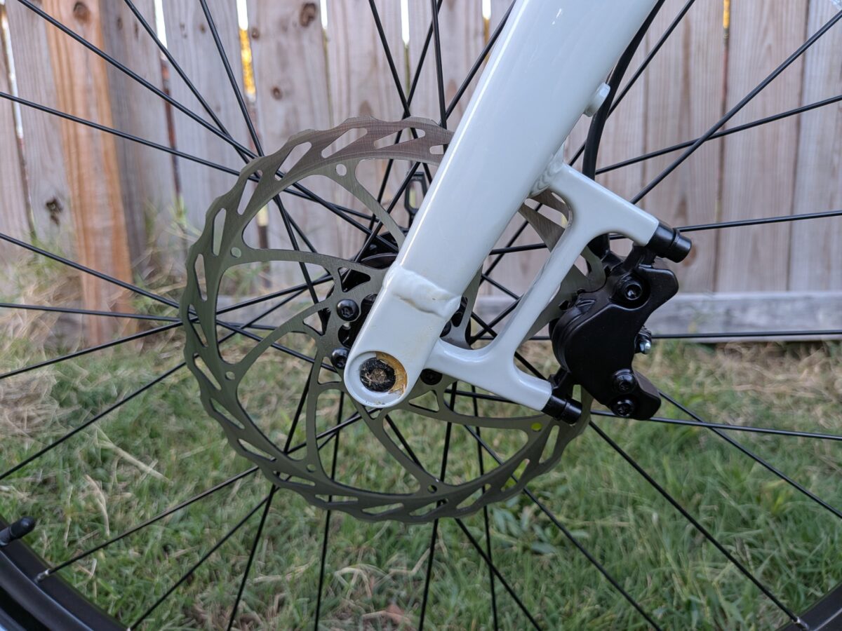 Front hydraulic brake caliper on the Lectric XPress Lite fork
