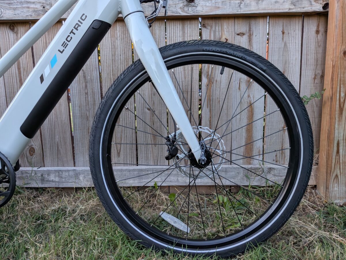 Aluminum rigid fork and front wheel on the Lectric XPress Lite