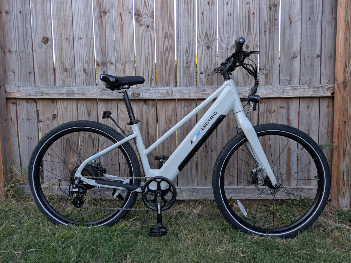 Side profile of the Lectric XPress Lite mid-step ebike in Stratus White