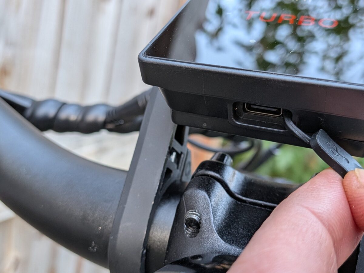 USB-C charging port under the Lectric XPress Lite display
